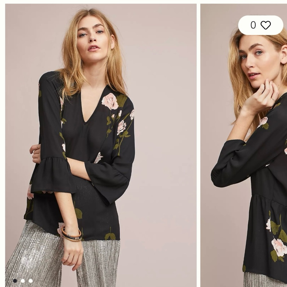Anthropologie Maeve Black with pink Floral peplum Blouse  small v-neck pretty